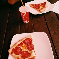 High angle view of pizza in plate