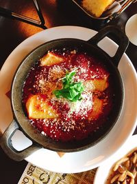 High angle view of soup in bowl on table