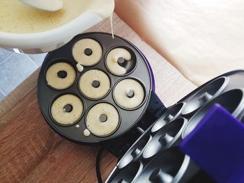 High angle view of food in tray on table