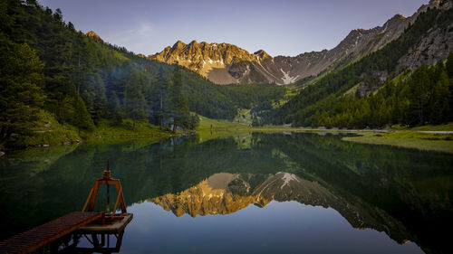 Scenic view of lake by mountains against sky