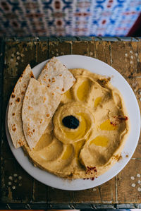 High angle view of breakfast served on table