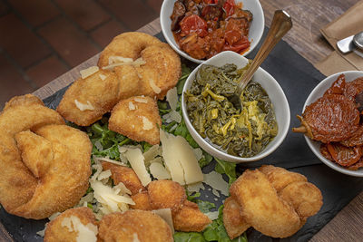 High angle view of meal served on table