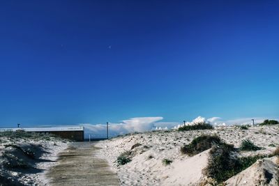 Scenic view of beach against clear blue sky