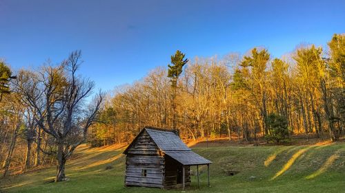 House amidst trees on field against sky