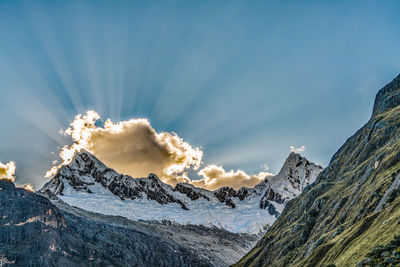 Panoramic view of snow covered mountain against sky