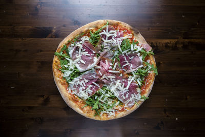 High angle view of pizza on table