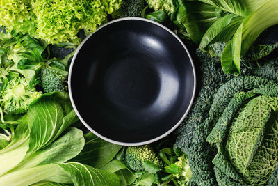 Directly above shot of green leaves in bowl