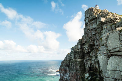 Scenic view of cliff by sea against sky