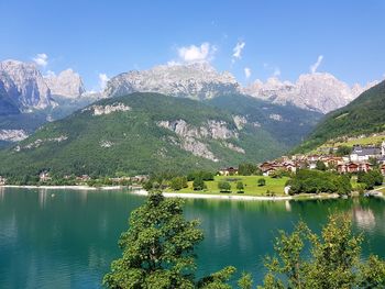 Scenic view of lake and mountains against sky