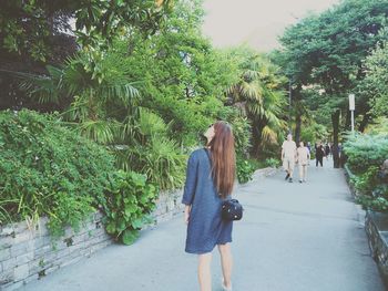 Rear view of women walking on footpath amidst trees