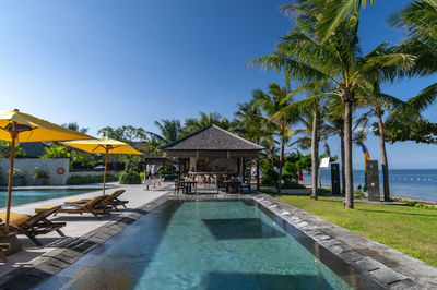 Scenic view of beach against clear blue sky