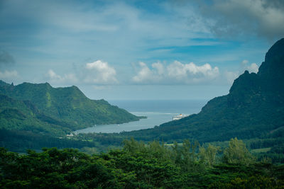 Scenic view of sea and mountains against sky