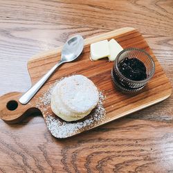 High angle view of breakfast on table