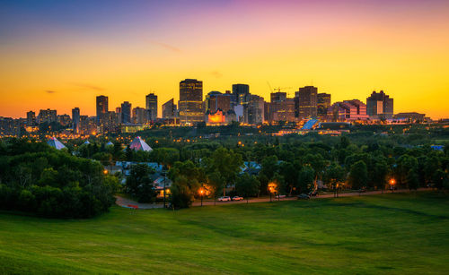 High angle view of cityscape against sky during sunset