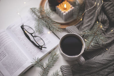 High angle view of coffee on table