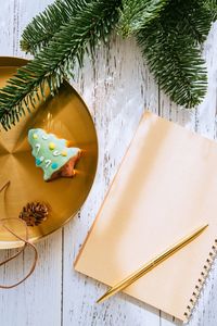 Directly above shot of cookie with pine cone in plate by book and pine needles on table