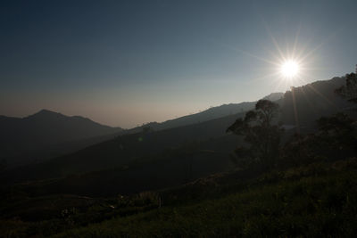 Scenic view of mountains against clear sky during sunset