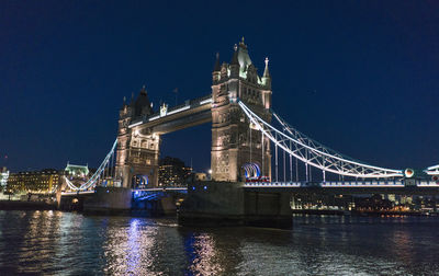 Illuminated bridge over river against sky in city at night