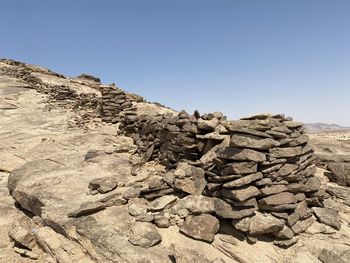 Rock formation on land against clear sky