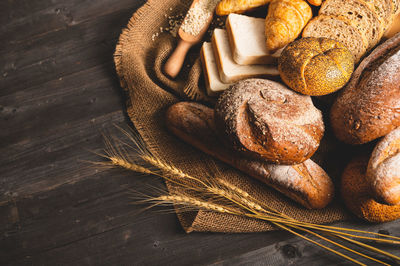 High angle view of wheat on table