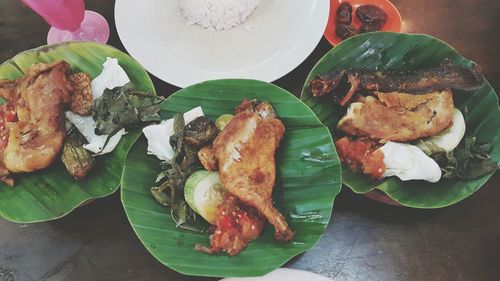 Close-up of food served on table