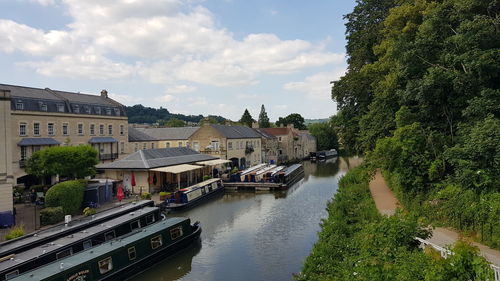 Panoramic view of river amidst buildings against sky