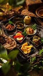 Assorted traditional indonesian meat and vegetable dishes from several regions in the country