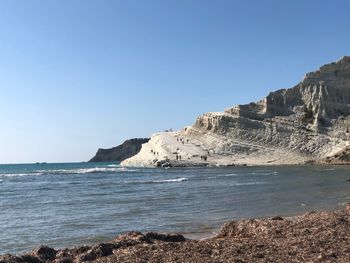 Scenic view of sea against clear blue sky