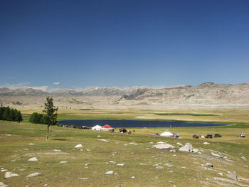 Scenic view of landscape against clear blue sky