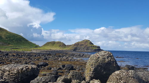 Panoramic view of rocks on beach against sky