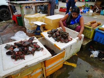 High angle view of man for sale at market