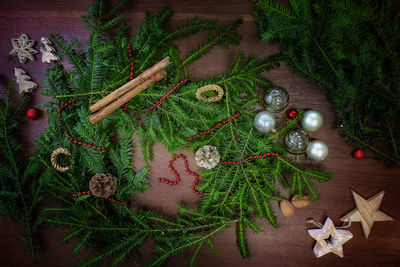 Directly above shot of christmas decorations on table
