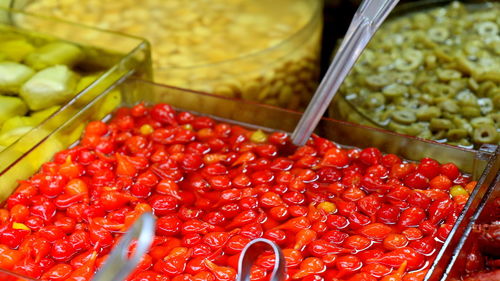 High angle view of peppers for sale in market