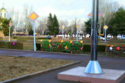 Close-up of multi colored wall against trees