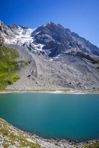 Scenic view of lake and mountains against clear blue sky