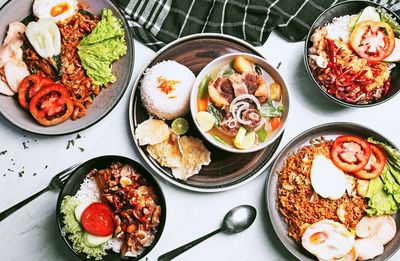 High angle view of food served on table