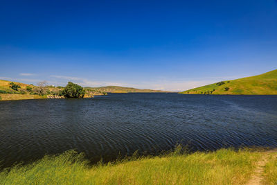 Scenic view of lake against clear blue sky