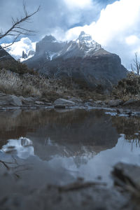 Scenic view of lake and snowcapped mountains against sky