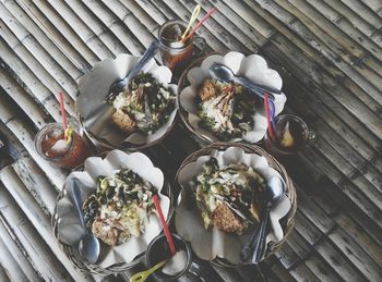 High angle view of food served on table