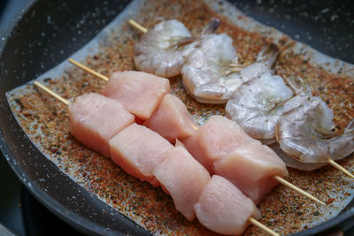 High angle view of meat in cooking pan