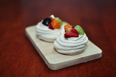 Close-up of dessert served on table