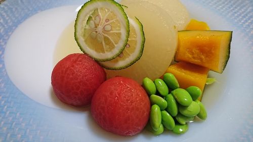 High angle view of fruit salad on table