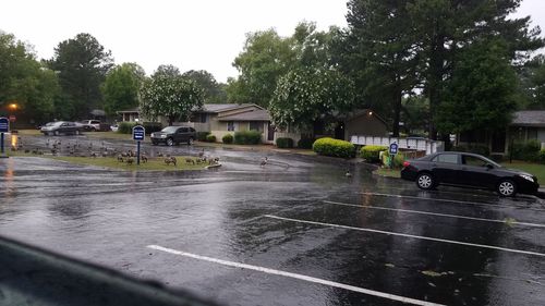 Wet street in city during rainy season