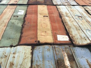 Close-up of rusty sign on wood