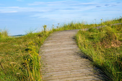 Walkway amidst grass on field against sky