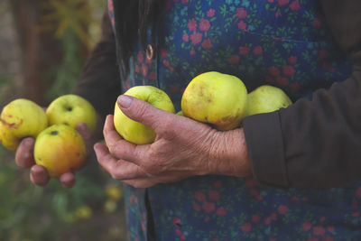 Midsection of man holding fruit