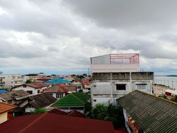High angle view of buildings in city against sky