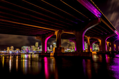 Illuminated bridge over river against sky at night