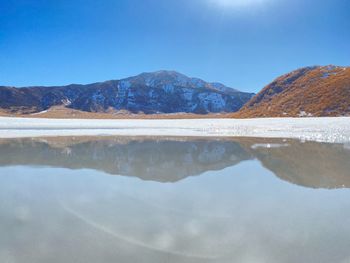 Scenic view of lake and mountains against blue sky