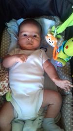 Portrait of cute baby boy lying on bed